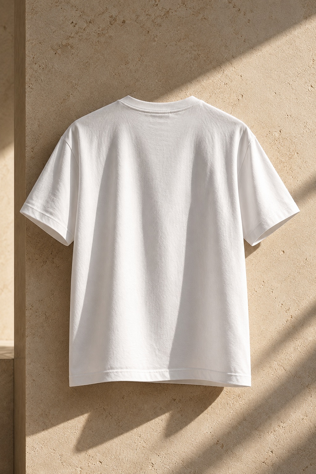 001 white T-shirt back view against warm stone