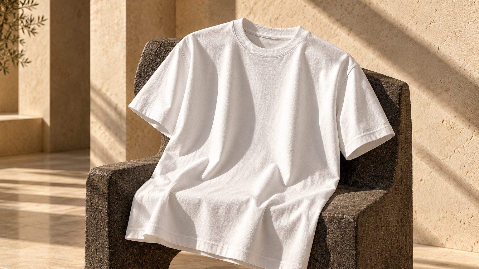 THE WHITE TEE 001 white T-shirt draped over a sculptural chair
