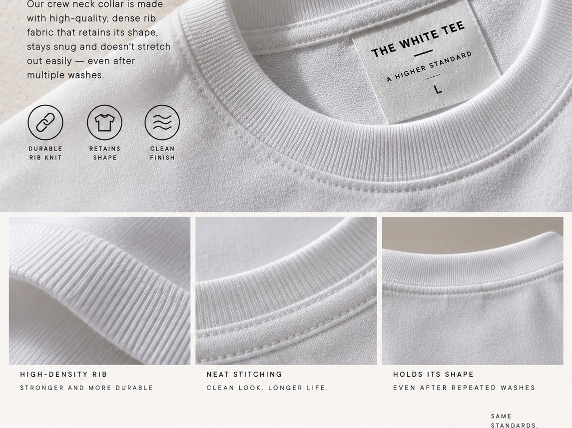 Close detail of white ribbed collar construction