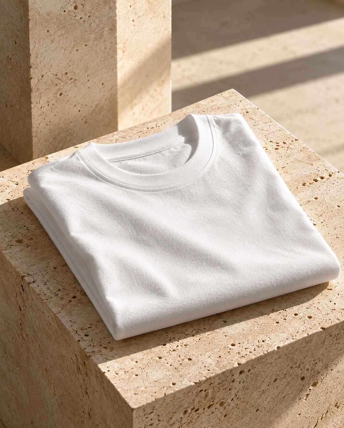 THE WHITE TEE 001 folded white T-shirt on travertine